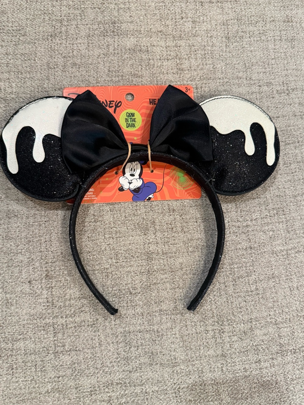 Disney Black Minnie Ear Headband with White Drip Accent Glow in the Dark